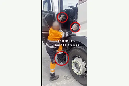 Réalisation d'une sensibilisation vidéo pour la prévention des risques et les bonnes pratiques lors de la montée - descente dans la cabine d'un camion. Entreprise de transport. Chauffeur routier. Nord de la France.